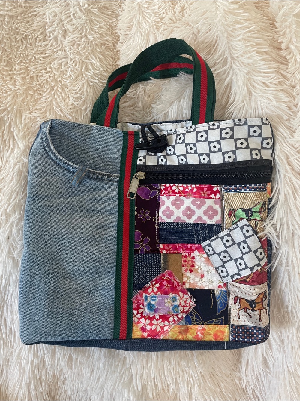 Patchwork Denim Tote Bag with Green and Red Straps